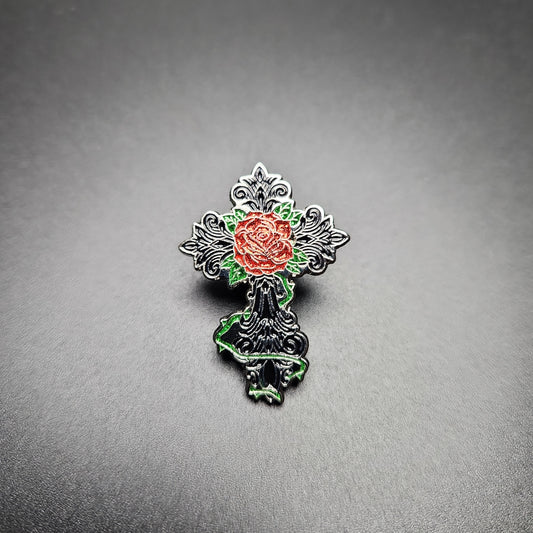 Black Cross + Rose Pin