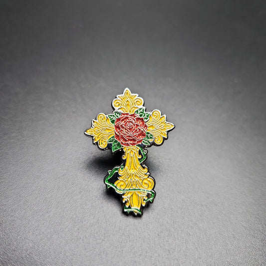 Gold Cross + Rose Pin
